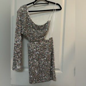 Fashion Nova Sequin One-Shoulder Mini Dress - Silver